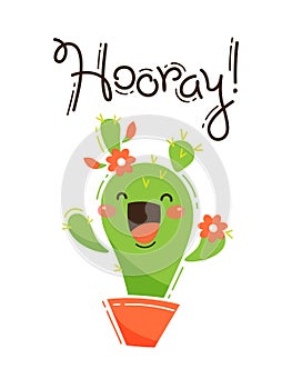 Funny cactus yells Hooray. Vector illustration in cartoon style