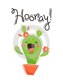 Funny cactus yells Hooray. Vector illustration in cartoon style photo