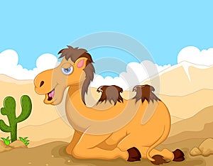 Funny camel cartoon with desert landscape background