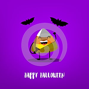Funny candy corn with flashlight and bats on violet background.