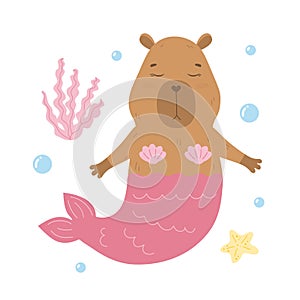 Funny capybara mermaid diving under the sea