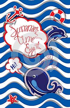 Funny Card with blue whale and dolphin on striped background. Round frame with calligraphic words Summer Time! Enjoy it!