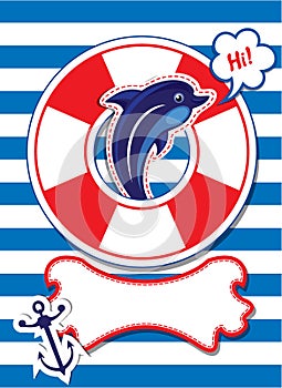 Funny Card with dolphin, anchor, lifebuoy and empt