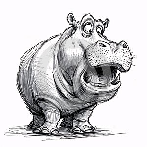a funny Caricature of a hippopotamus with its jaws wide open on a plain white backdrop