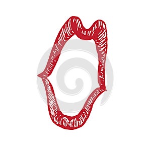 Funny caricature lips shape shouting emotional fright, astonishment, shock, ecstasy, woodcut style design, hand drawn doodle