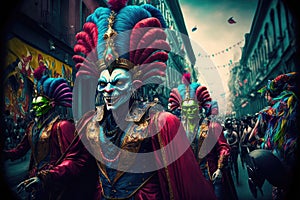 Funny carnival in the street. Parade with many people in costume. Generative Ai