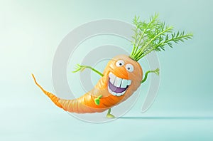 Funny carrot dances smiling on blue background. Cartoon vegetable character with green leaves in studio. Teaching kids