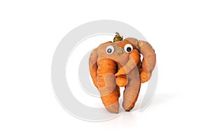 Funny carrot with eyes isolated on white background. Ugly vegetables. Food waste concept. Copy space