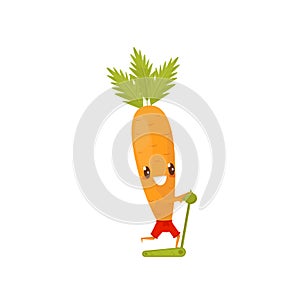 Funny carrot running on a treadmill, sportive vegetable cartoon character doing fitness exercise vector Illustration on