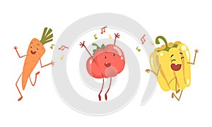 Funny Carrot and Tomato Character Dancing Moving Hand and Legs Vector Set