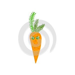 Funny carrot vegetable with eyes and smile. Vector illustration in cartoon style
