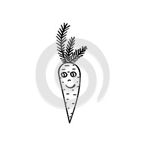 Funny carrot vegetable with eyes and smile. Vector illustration in cartoon style. Coloring book element