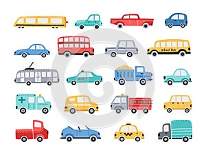 Funny cars. Colourful public transport, cute town vehicle for kids. City and school bus, taxi car and simple cab truck