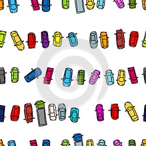 Funny cars on parking space, seamless pattern