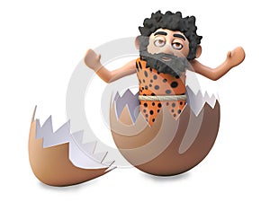 Funny cartoon 3d caveman has hatched from a dinosaur egg, 3d illustration