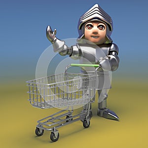 Funny cartoon 3d medieval knight in full plate armour walking with a shopping trolley, 3d illustration