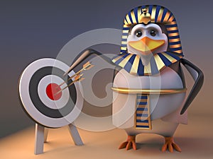 Funny cartoon 3d penguin pharaoh Tutankhamun points to the bullseye on a target, 3d illustration