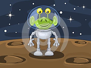 Funny cartoon alien above planetoid surface