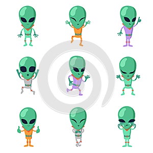 Funny cartoon aliens vector green humanoid characters