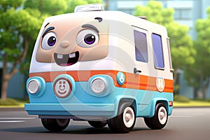 Funny Cartoon ambulance car Character, ultra detailed on trees background