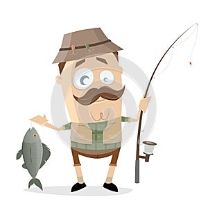Funny cartoon angler with a big fish and fishing rod