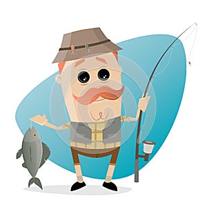 Funny cartoon angler with fish and fishing rod