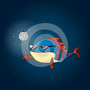 Funny cartoon anglerfish.Angler fish in sunglasses.Vector illustration Isolated.Sea fish.Anglerfish on dark background.