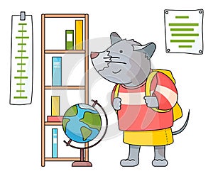 Funny cartoon animal student. A mouse schoolgirl with backpack came to study at a geography lesson