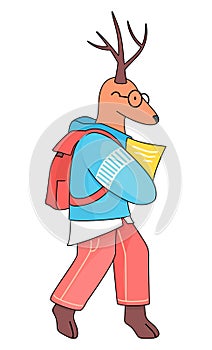 Funny cartoon animal student. A smart deer schoolboy with glasses with exercise book in hands