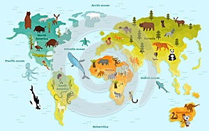 Funny cartoon animal world map for children with the continents, oceans and lot of funny animals. Vector illustration
