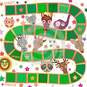 Funny cartoon animals game for Preschool Children, elephant deer horse, giraffe owl raccoon, wolf zebra lion, white green squares