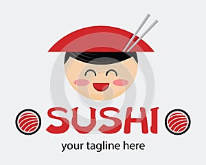 Funny cartoon asian man in cone hat. Japanese food advertisement concept. Japanese vector mascot. Sign for a sushi shop or