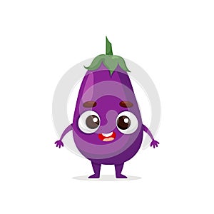 Funny cartoon aubergine. Kawaii vegetable character. Vector food illustration isolated on white background