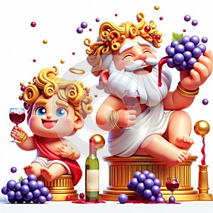 Funny cartoon of Bacchus, the god of wine. Mythology. AI generated