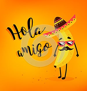 Funny cartoon banana in a Mexican hat and mustache. Hola amigo. Summer card. Flat style. Vector illustration photo