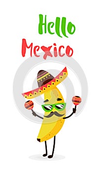 Funny cartoon banana in a Mexican hat and mustache. Hola amigo. Summer card. Flat style. Vector illustration photo