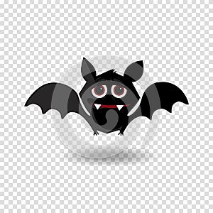 Funny cartoon bat with fangs and red eyes on transparent background.