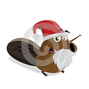 Funny cartoon beaver with christmas hat