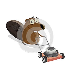 Funny cartoon beaver with a lawnmower