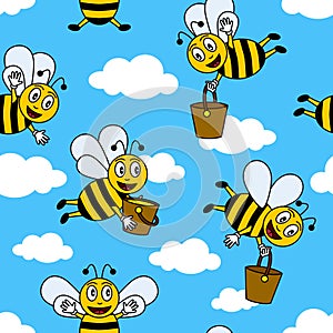 Funny Cartoon Bees Seamless Pattern