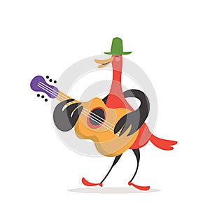 Funny cartoon bird plays the guitar