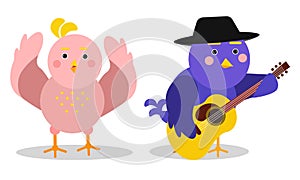 Funny Cartoon Birds Tweeting and Playing Guitar Vector Set