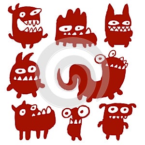 Funny Cartoon Black Flat Monsters Isolated Vector Illustration.