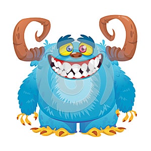 Funny cartoon blue furry monster with wide smile. Vector illustration