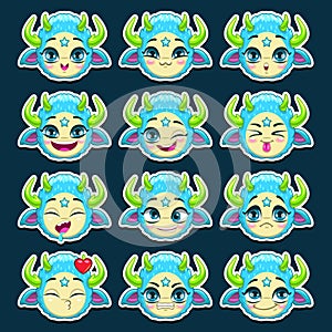 Funny cartoon blue monster emotions set