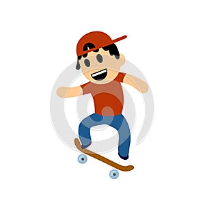 Funny cartoon boy performing trick on skateboard. Flat vector illustration. Isolated on white background.