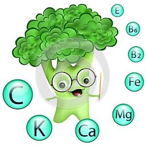 Funny cartoon broccoli in glasses with Information about nutrients