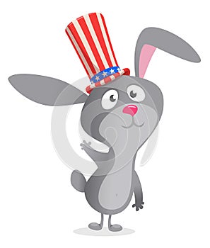 Funny cartoon bunny rabbit wearing Uncle Sam hat. Domestic hare character design for  American Independence Day. Vector