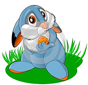 Funny cartoon bunny stretches colored Easter egg, vector illustration