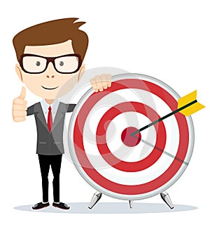 Funny cartoon business man holding a dart board with a direct hit on target.